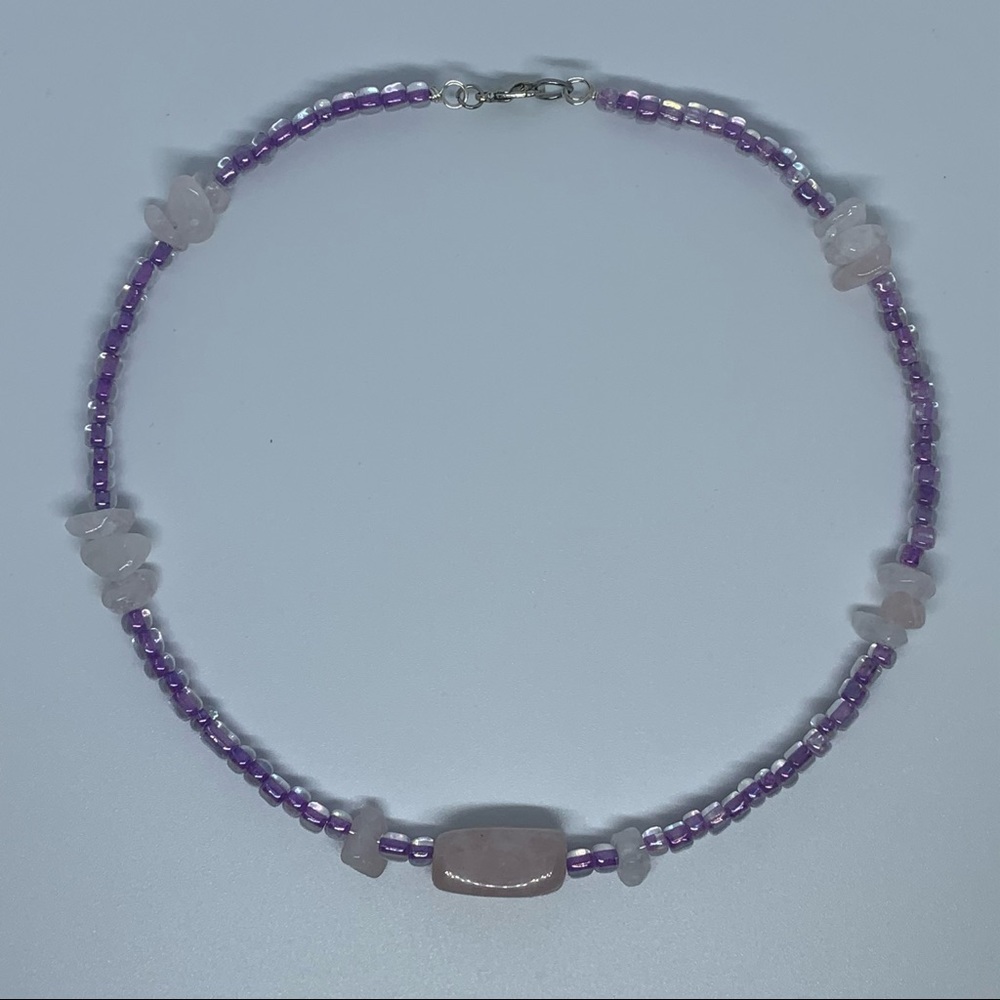 Rose Quartz Crystal Purple Beaded Choker Necklace